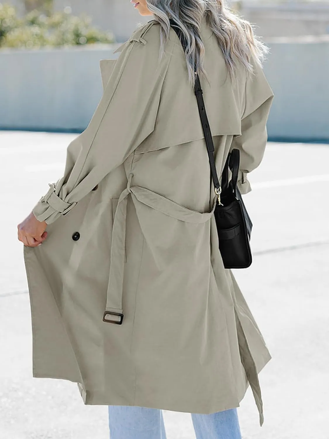 Tankaneo Women's Long Trench Coat Double Breasted Classic Lapel Oversized Windproof Overcoat Outerwear with Belt