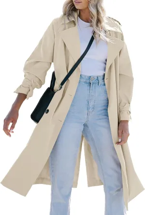 Tankaneo Women's Long Trench Coat Double Breasted Classic Lapel Oversized Windproof Overcoat Outerwear with Belt