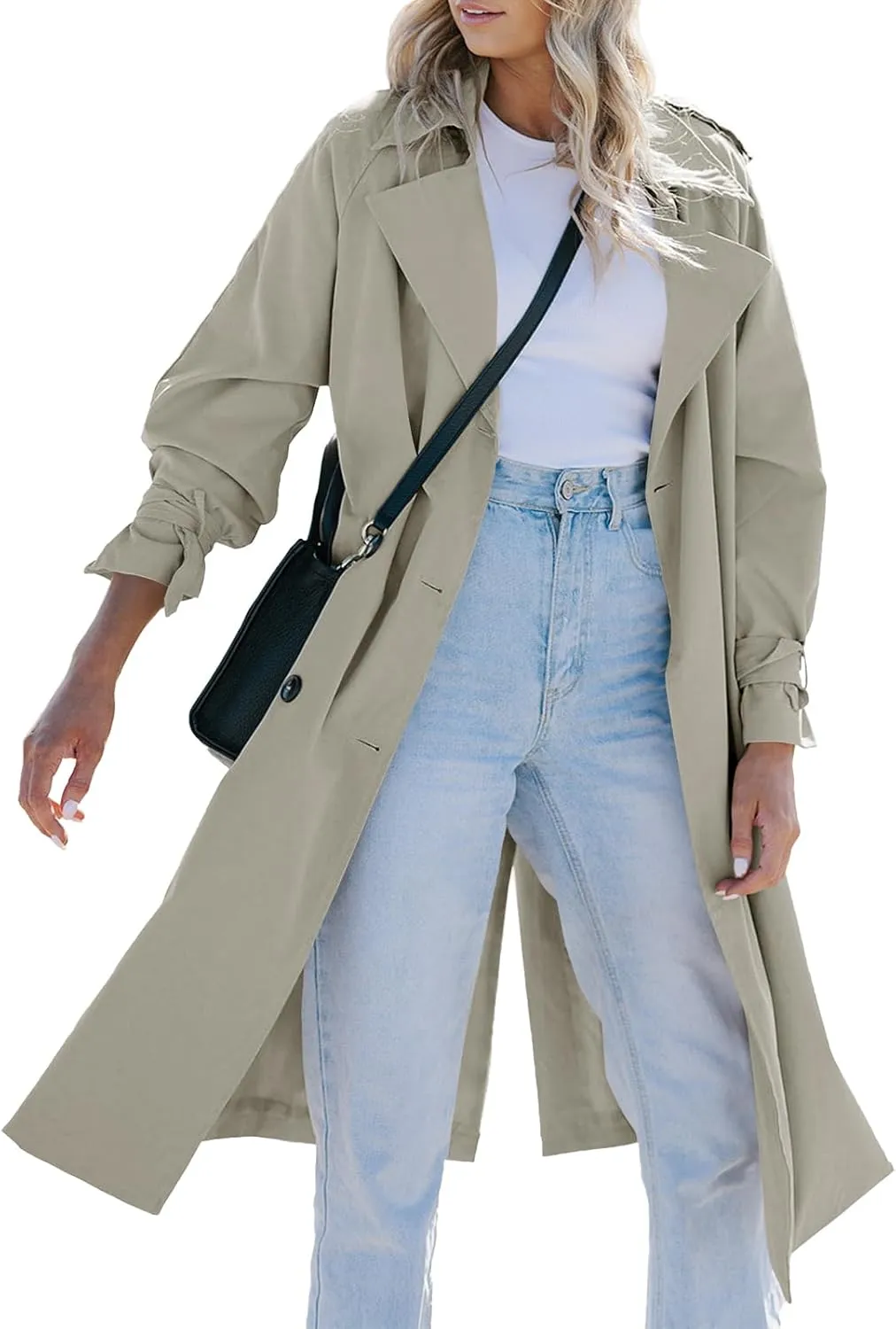 Tankaneo Women's Long Trench Coat Double Breasted Classic Lapel Oversized Windproof Overcoat Outerwear with Belt