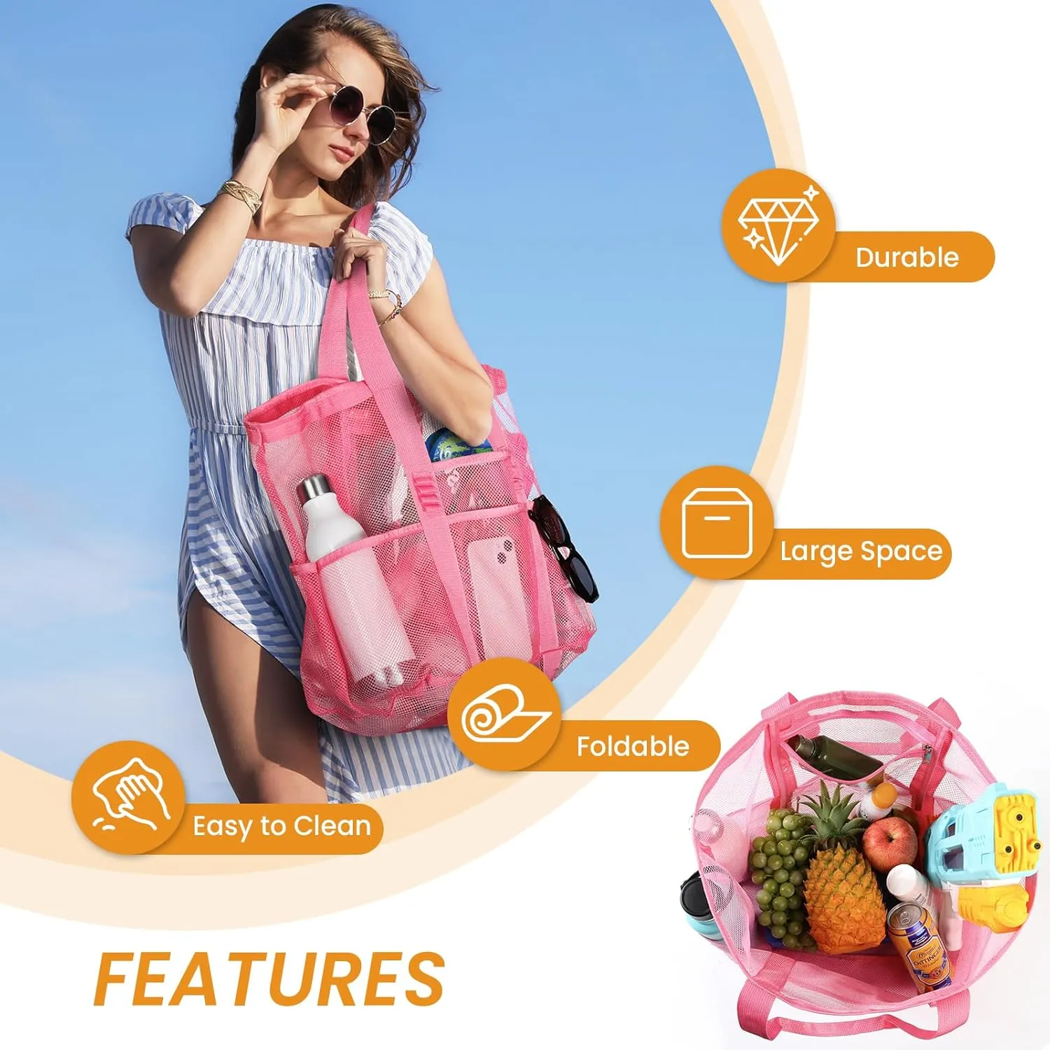 Tavaleu Mesh Beach Bag - Large Beach Tote with Multi Functional Pockets for Family Travel/Vacation
