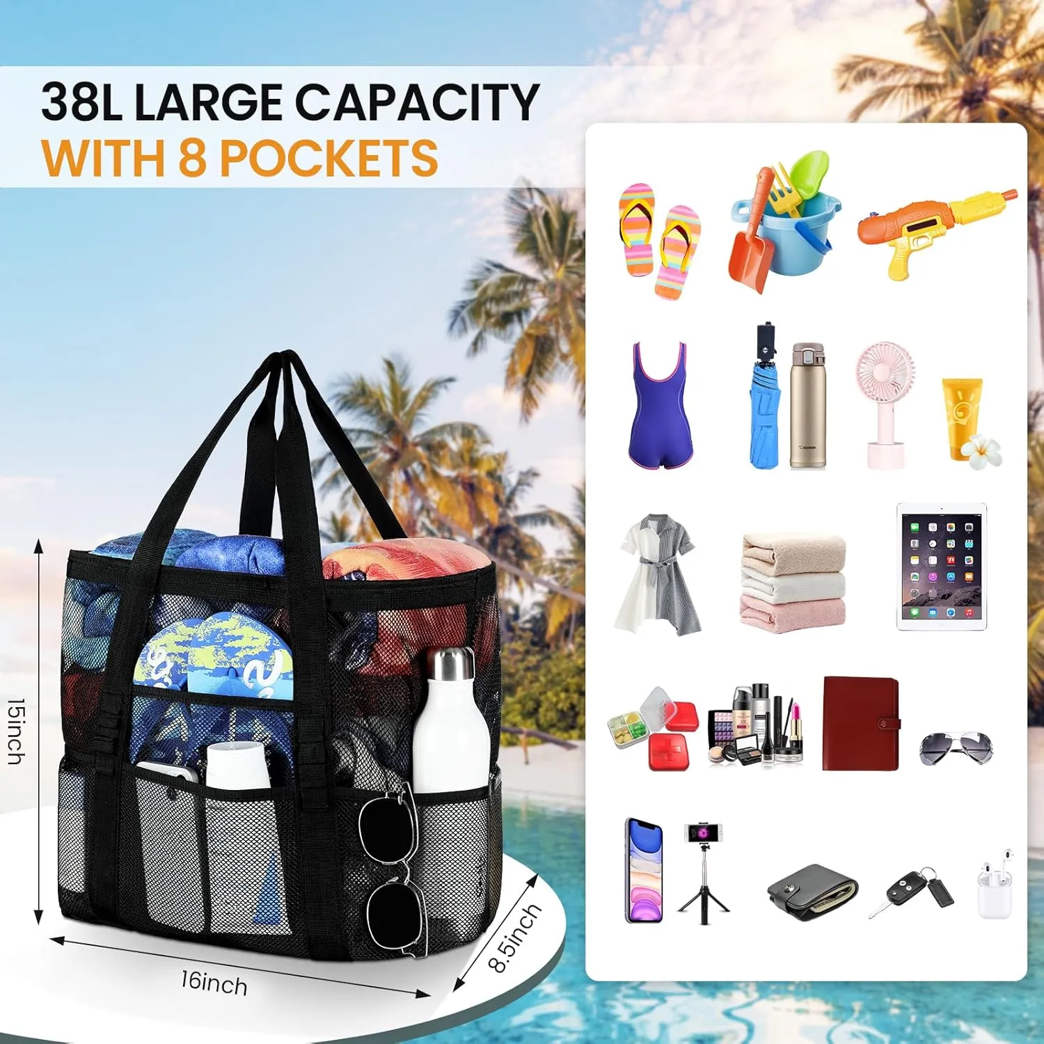Tavaleu Mesh Beach Bag - Large Beach Tote with Multi Functional Pockets for Family Travel/Vacation