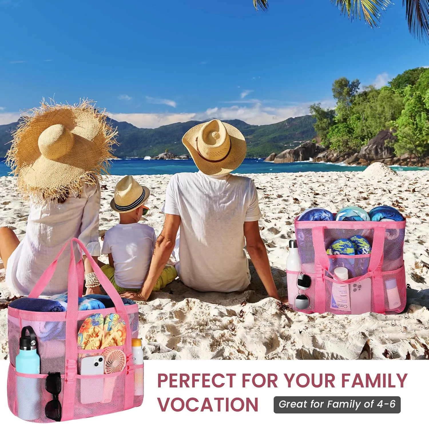 Tavaleu Mesh Beach Bag - Large Beach Tote with Multi Functional Pockets for Family Travel/Vacation