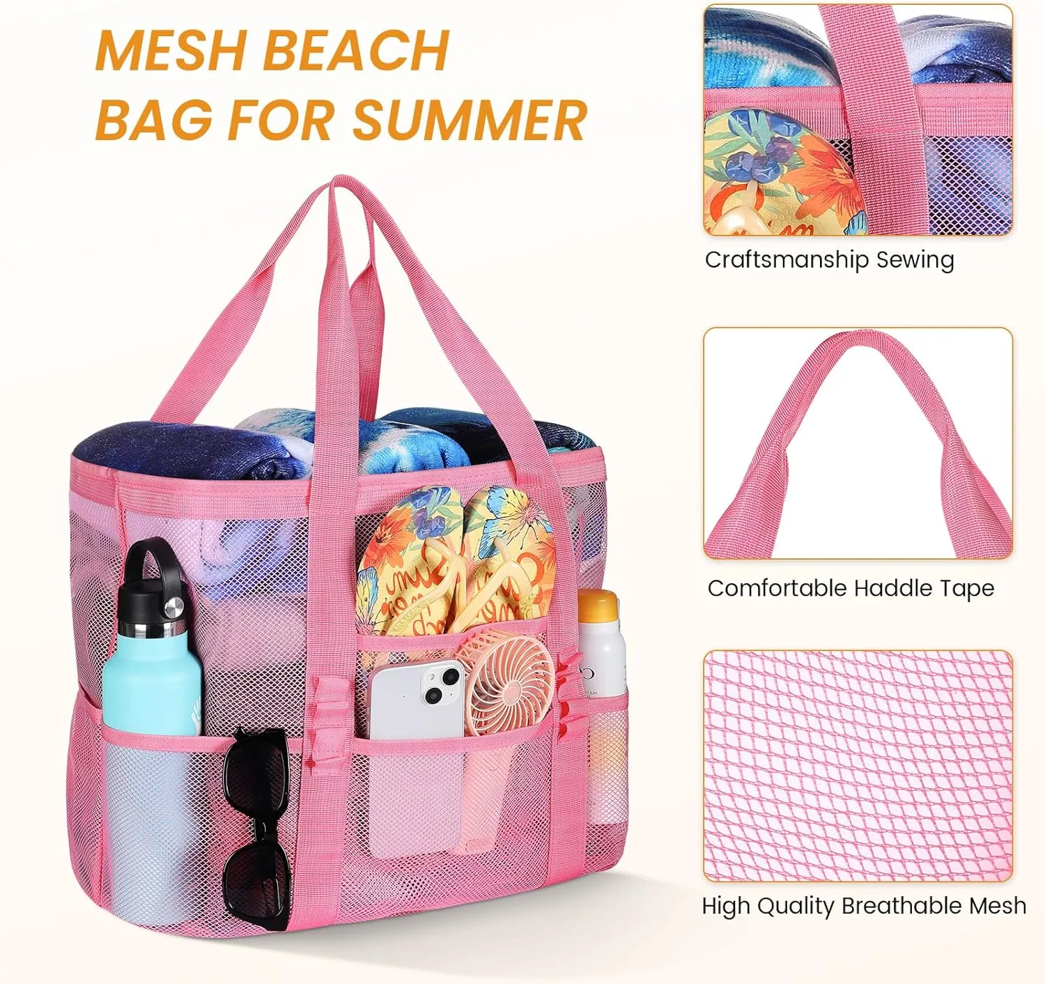 Tavaleu Mesh Beach Bag - Large Beach Tote with Multi Functional Pockets for Family Travel/Vacation