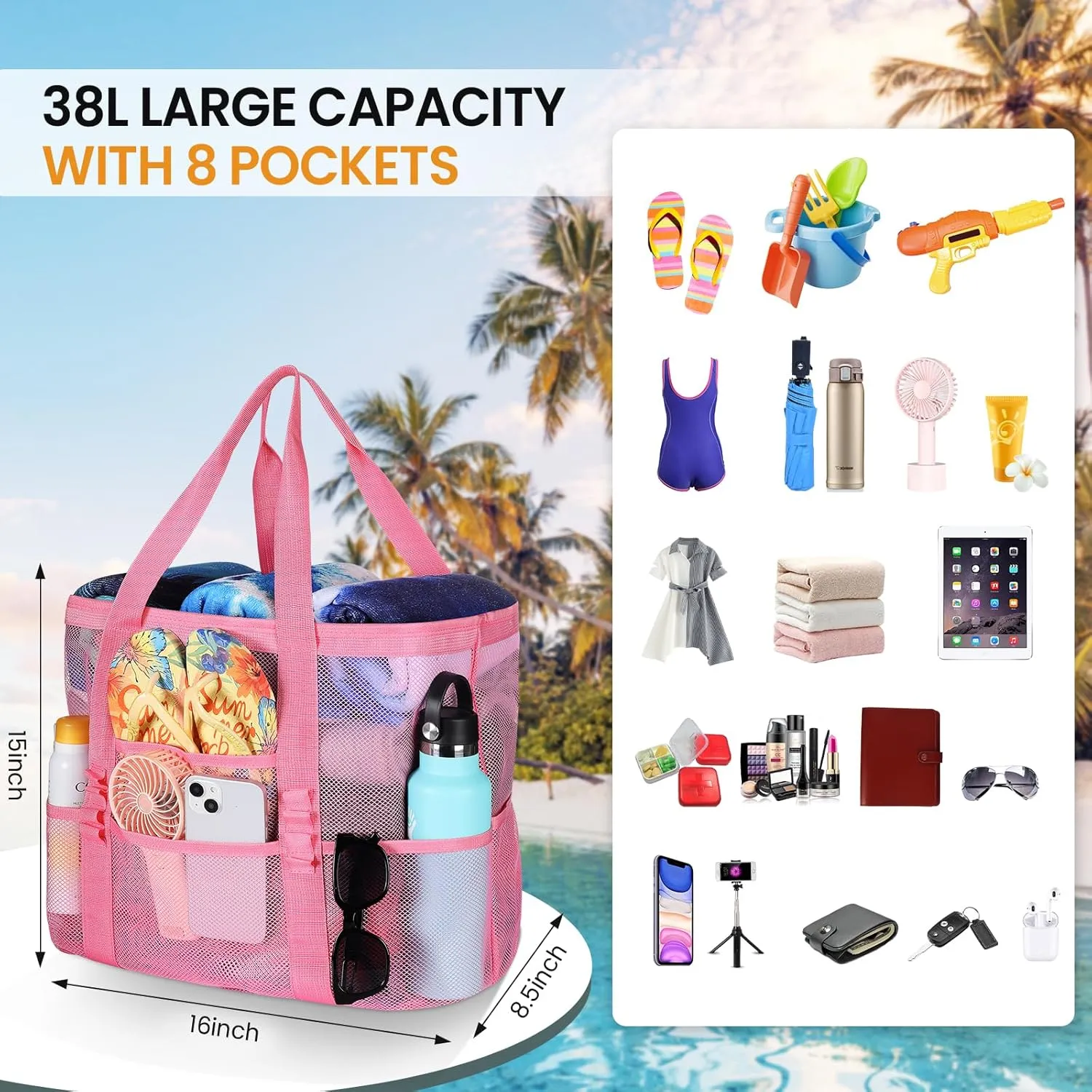 Tavaleu Mesh Beach Bag - Large Beach Tote with Multi Functional Pockets for Family Travel/Vacation