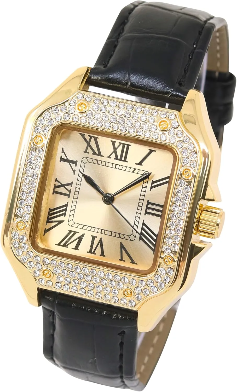 Techno Pave Men's 32mm Iced Out Leather Band Watch  Square Shape, Sleek Roman Dial, Luxury Hip-Hop Style