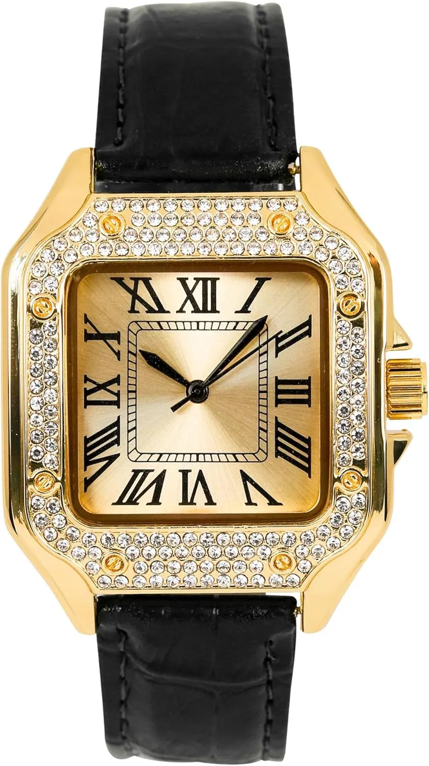 Techno Pave Men's 32mm Iced Out Leather Band Watch  Square Shape, Sleek Roman Dial, Luxury Hip-Hop Style
