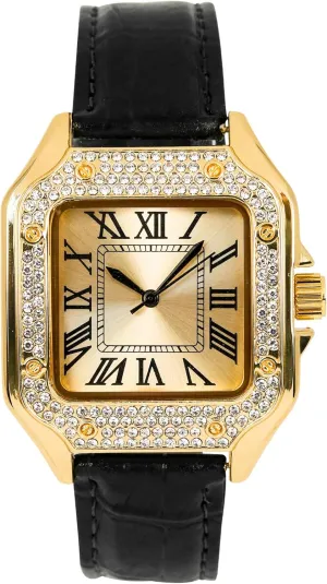 Techno Pave Men's 32mm Iced Out Leather Band Watch  Square Shape, Sleek Roman Dial, Luxury Hip-Hop Style