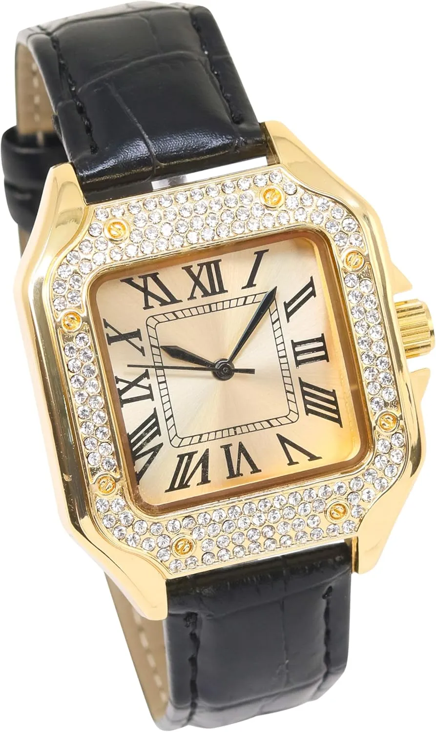 Techno Pave Men's 32mm Iced Out Leather Band Watch  Square Shape, Sleek Roman Dial, Luxury Hip-Hop Style