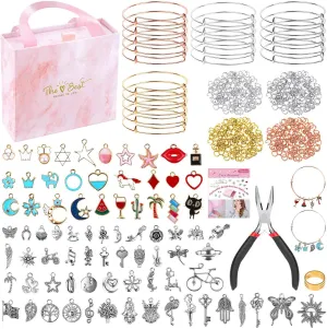 Thrilez 300Pcs Charm Bangle Bracelets Making Kit with Expandable Bangles, Charms, Jump Rings and Pliers for Jewelry Making Bangle Bracelets (with Gift Box and Tools)