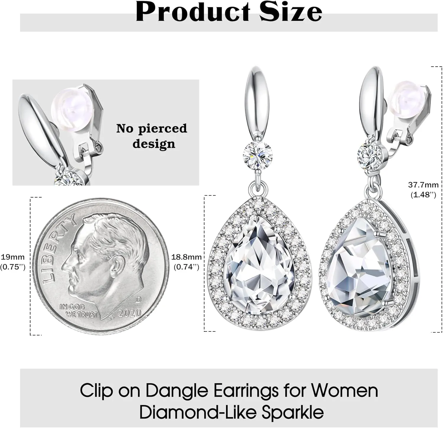THUNARAZ Elegant Clip on Earrings for Women Sparkling Teardrop Dangle Clip Earrings Non-Pierced Rhinestone Cubic Zirconia Wedding Prom Jewelry 14K Gold and Silver Tone