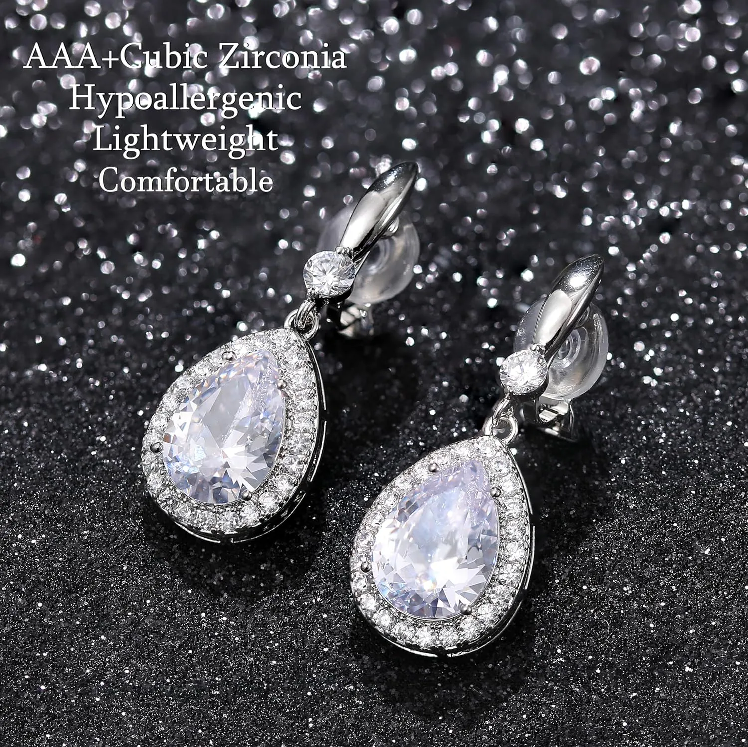 THUNARAZ Elegant Clip on Earrings for Women Sparkling Teardrop Dangle Clip Earrings Non-Pierced Rhinestone Cubic Zirconia Wedding Prom Jewelry 14K Gold and Silver Tone