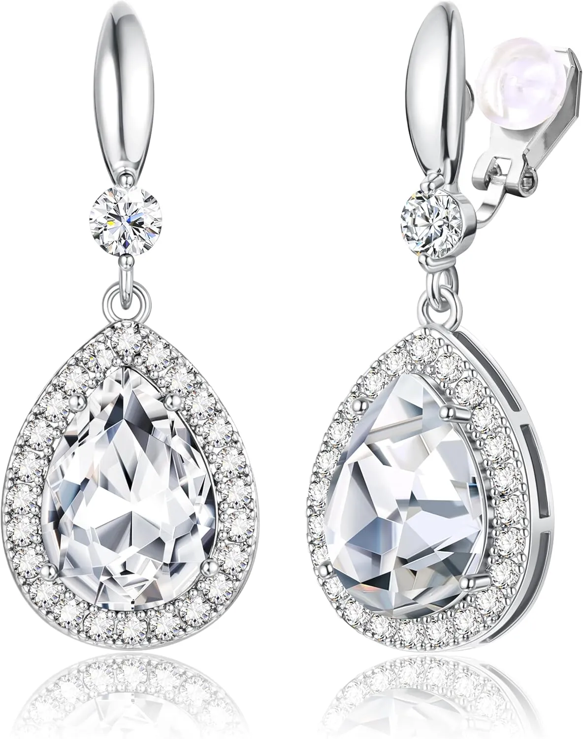 THUNARAZ Elegant Clip on Earrings for Women Sparkling Teardrop Dangle Clip Earrings Non-Pierced Rhinestone Cubic Zirconia Wedding Prom Jewelry 14K Gold and Silver Tone