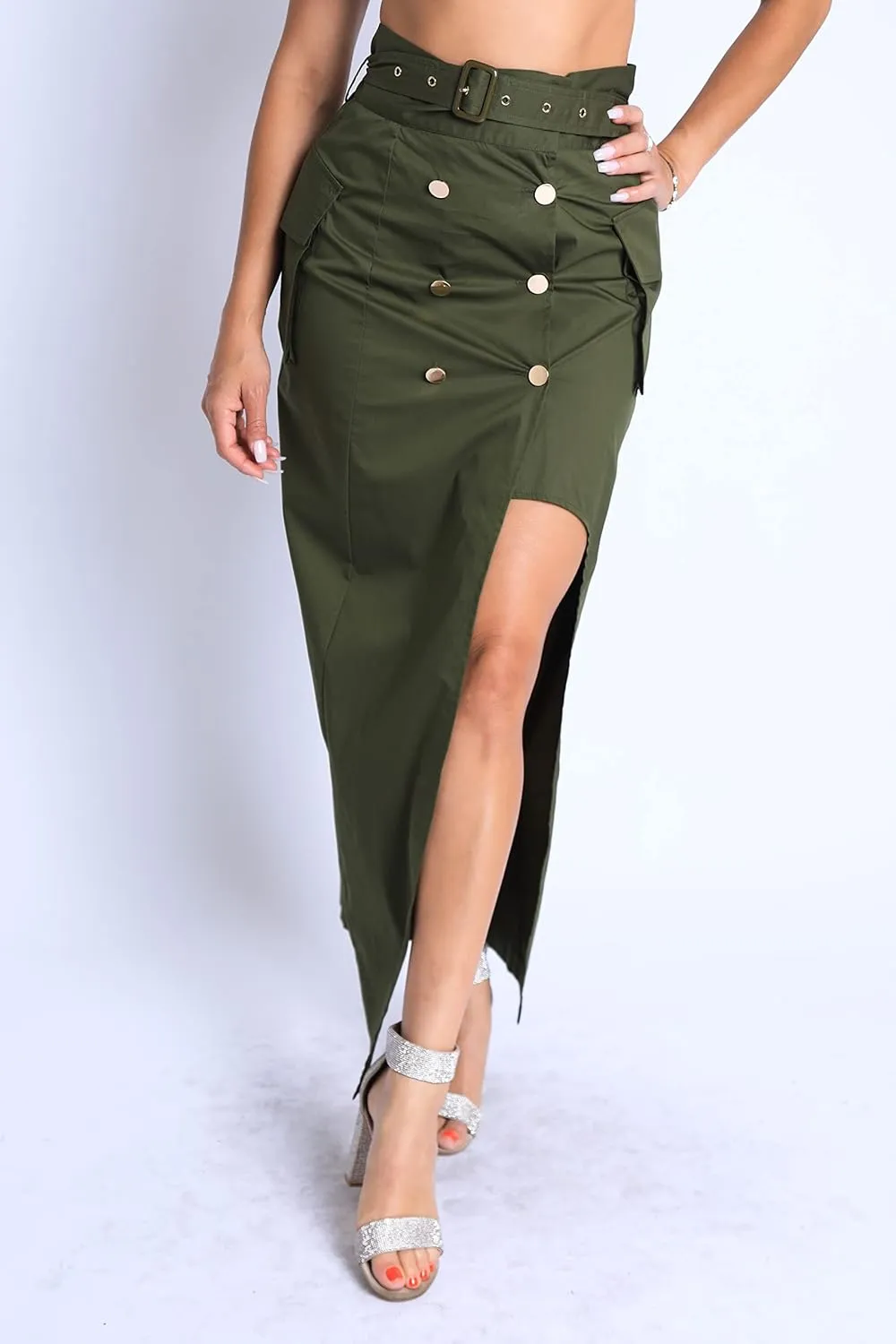 TOO HOT FASHIONS Women's Modern Asymmetric Pockets Detailed Back and Front Slits Self Belted Button Front Maxi Skirt