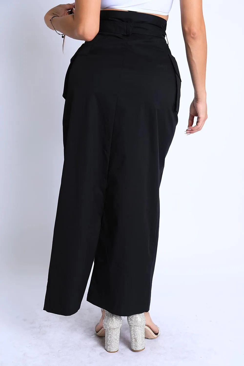 TOO HOT FASHIONS Women's Modern Asymmetric Pockets Detailed Back and Front Slits Self Belted Button Front Maxi Skirt