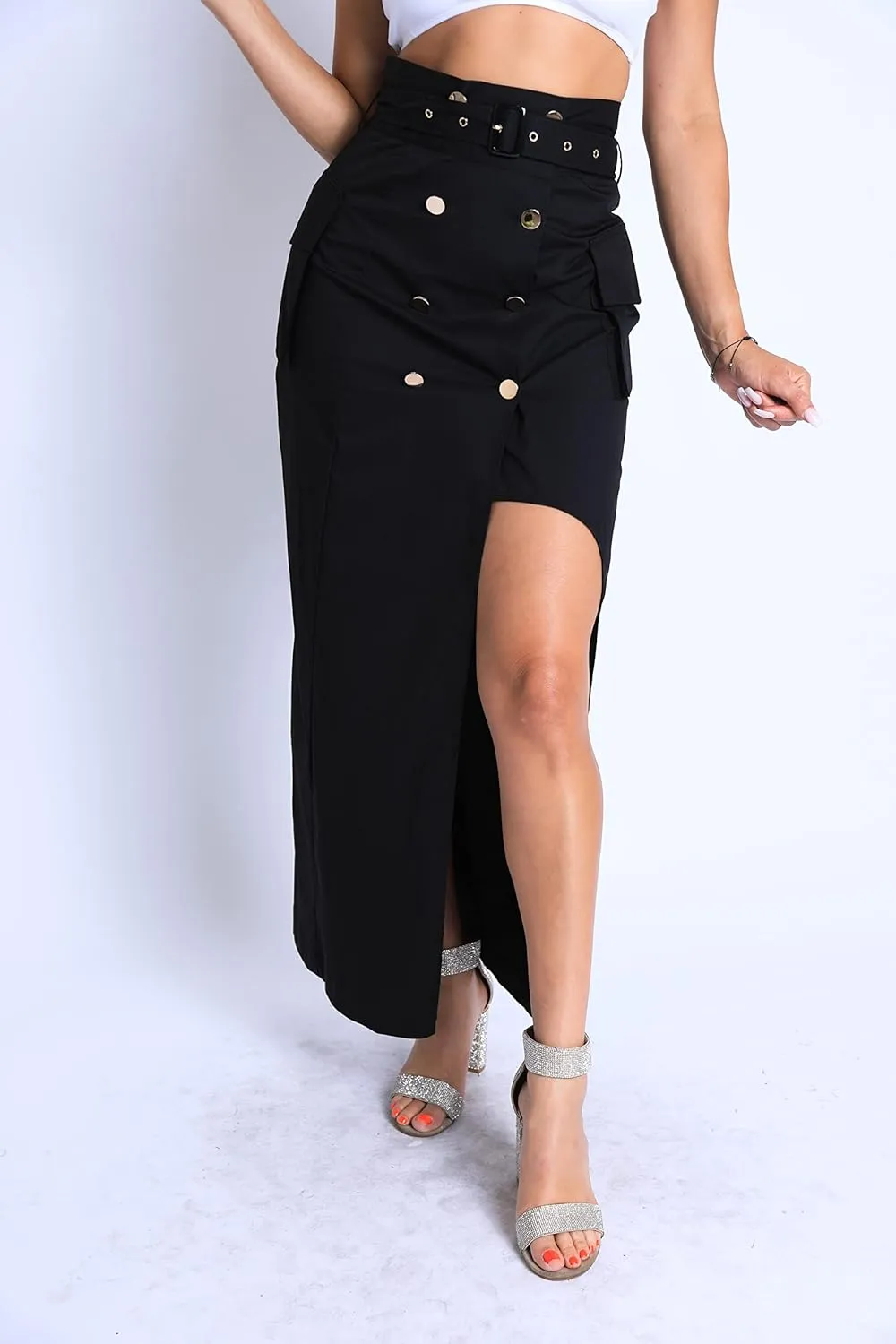 TOO HOT FASHIONS Women's Modern Asymmetric Pockets Detailed Back and Front Slits Self Belted Button Front Maxi Skirt