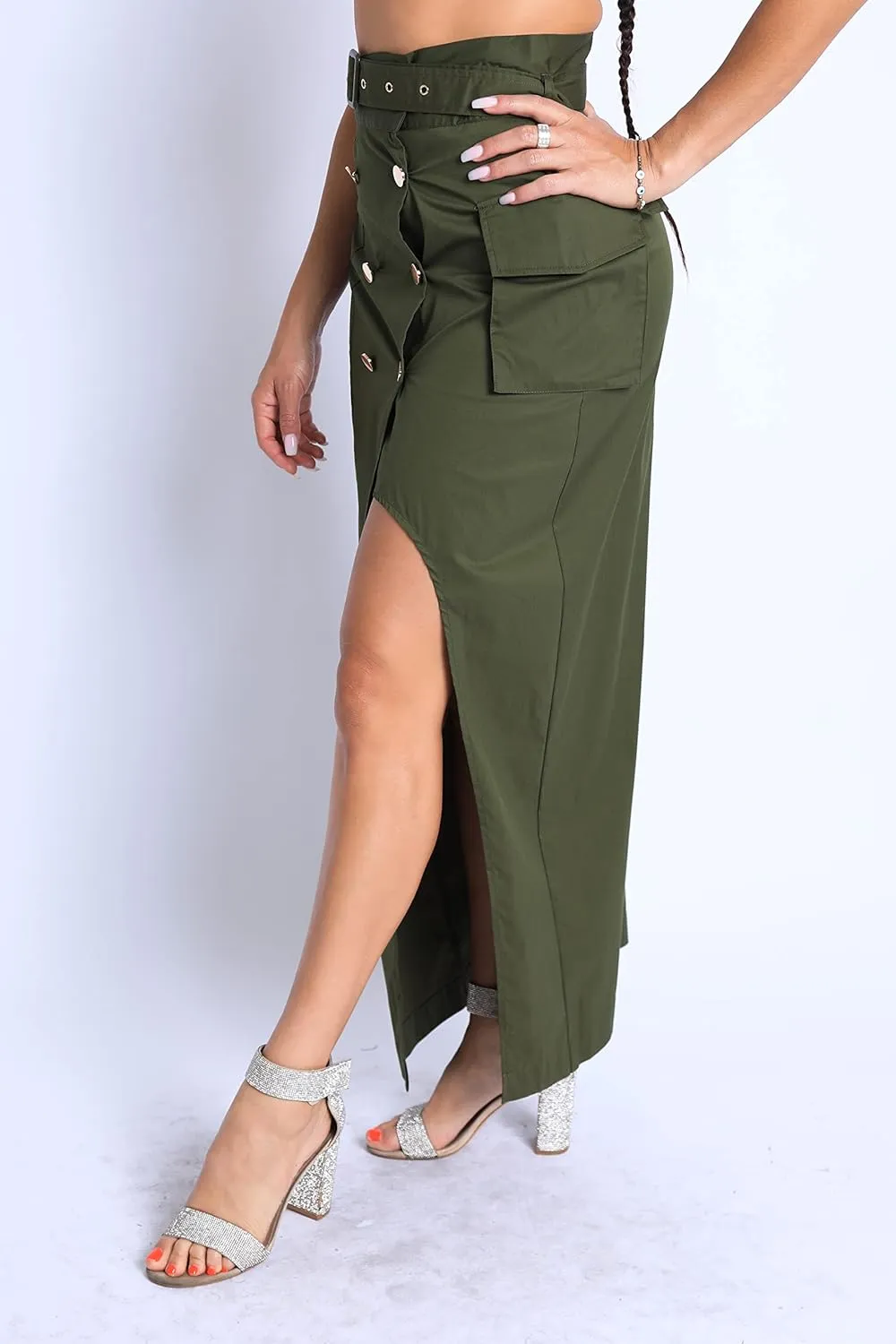 TOO HOT FASHIONS Women's Modern Asymmetric Pockets Detailed Back and Front Slits Self Belted Button Front Maxi Skirt