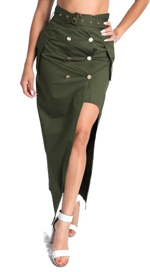 TOO HOT FASHIONS Women's Modern Asymmetric Pockets Detailed Back and Front Slits Self Belted Button Front Maxi Skirt