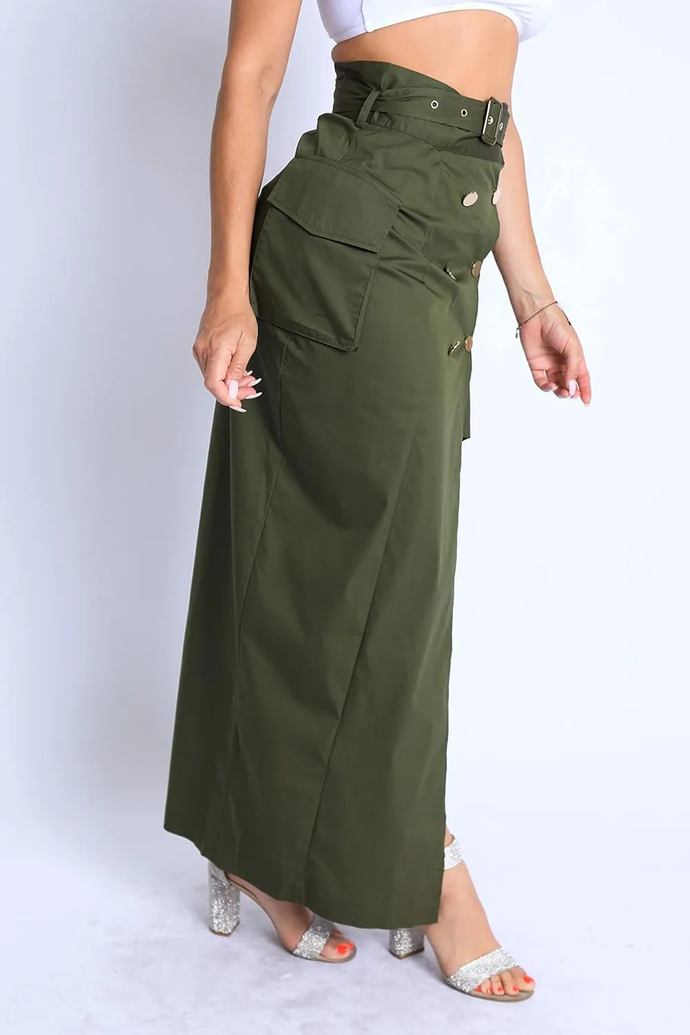 TOO HOT FASHIONS Women's Modern Asymmetric Pockets Detailed Back and Front Slits Self Belted Button Front Maxi Skirt
