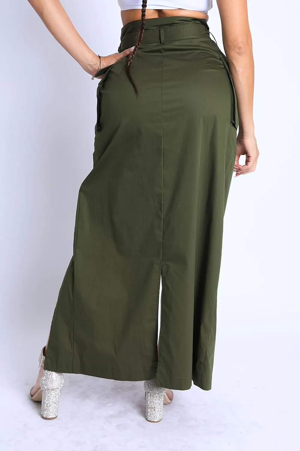 TOO HOT FASHIONS Women's Modern Asymmetric Pockets Detailed Back and Front Slits Self Belted Button Front Maxi Skirt