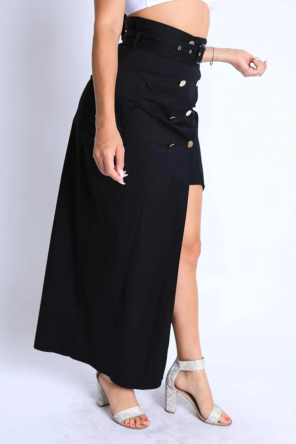 TOO HOT FASHIONS Women's Modern Asymmetric Pockets Detailed Back and Front Slits Self Belted Button Front Maxi Skirt