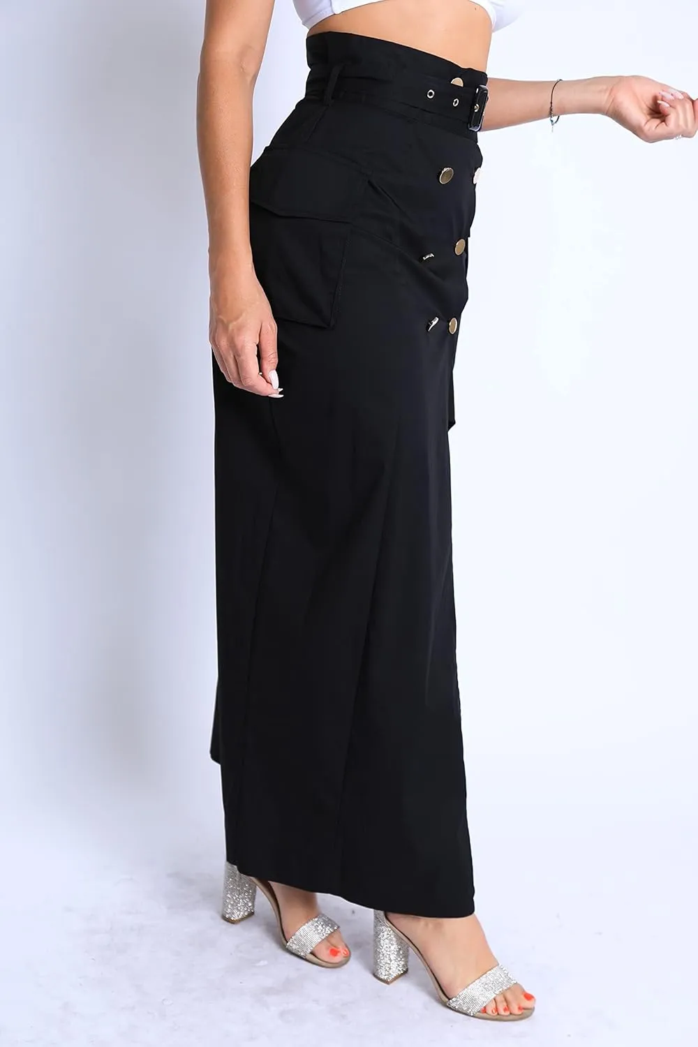 TOO HOT FASHIONS Women's Modern Asymmetric Pockets Detailed Back and Front Slits Self Belted Button Front Maxi Skirt
