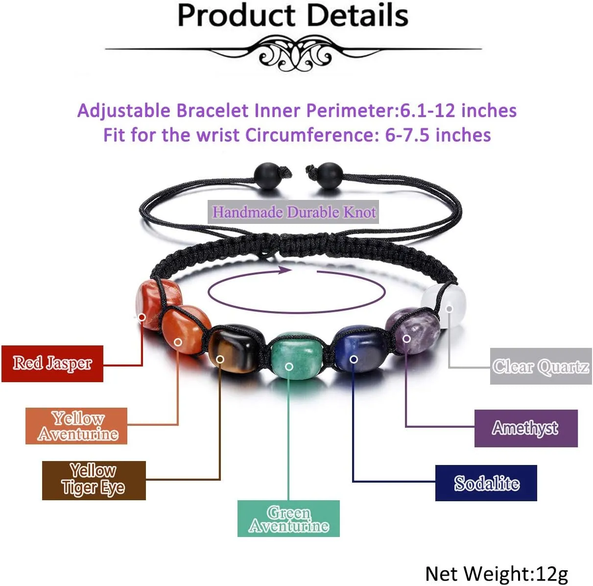 Top Plaza Bead Chakra Bracelet 7 Chakras Healing Crystals Bracelet Yoga Stone Beads Bracelets Meditation Relax Anxiety Bangle for Womens Mens