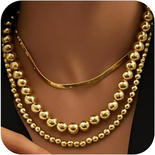 Trendy Layered Beaded Snake Chain Necklace for Women, Statement Chunky Multi Layer Round Ball Beads Necklaces Collar Choker Christmas Jewelry Gift Accessories