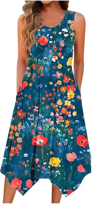 Tropical Print Sleeveless Summer Dresses for Women Casual Beach Sundress Irregular Hem Trendy Midi Dress