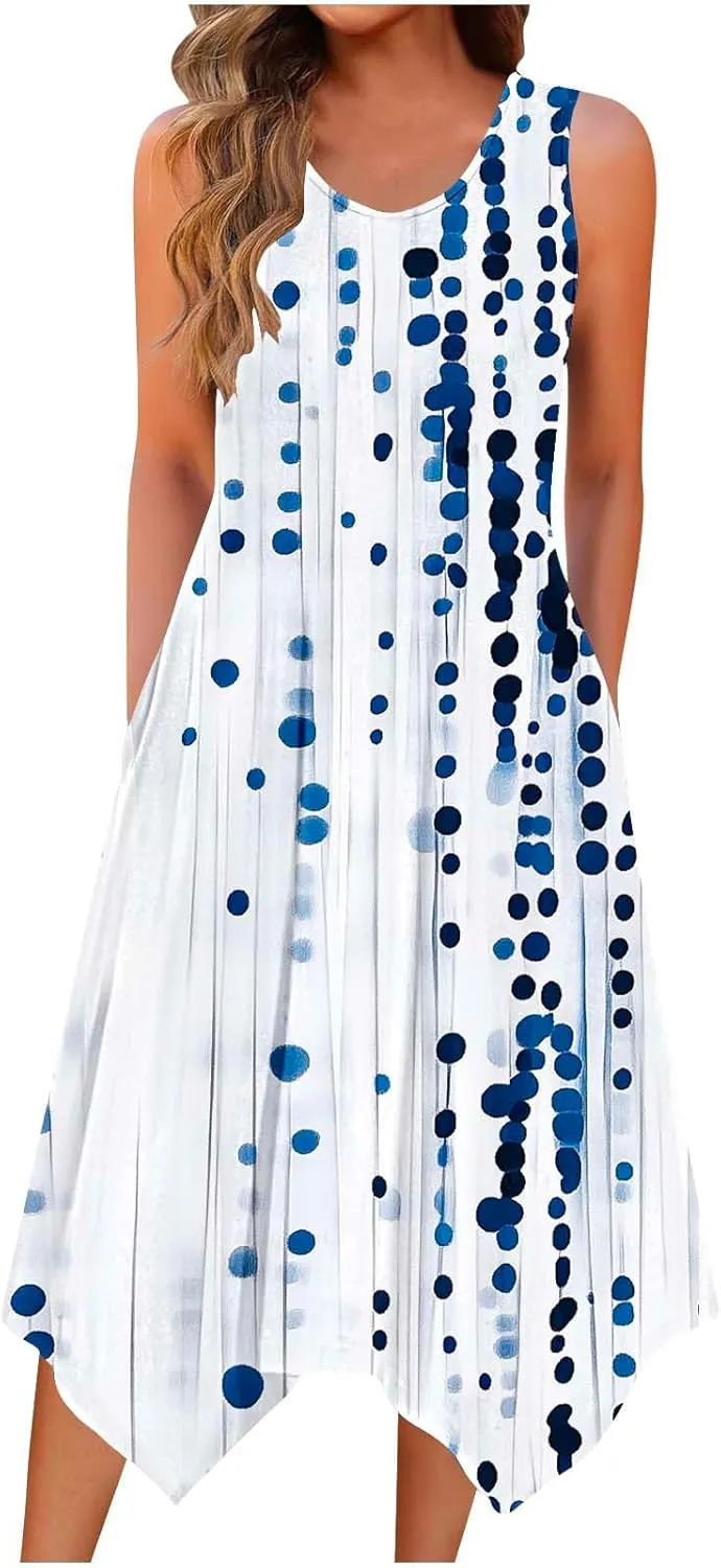 Tropical Print Sleeveless Summer Dresses for Women Casual Beach Sundress Irregular Hem Trendy Midi Dress