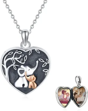 TUGHRA Heart Locket Necklaces That Holds Picture Sterling Silver Elephant Locket Pendant Necklace Photos Jewelry Gifts for Women Teen Mom Daughter Birthday