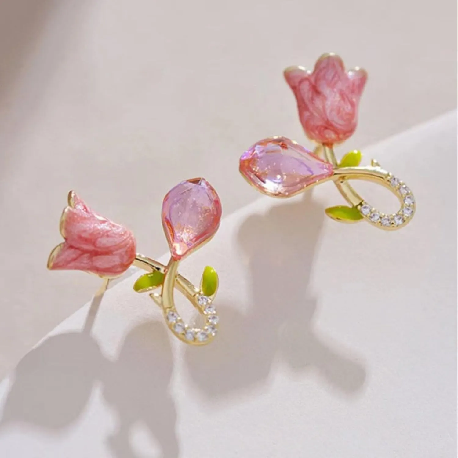 Tulip Pearl Stud Earrings,Pink/Red/Purple Flower Pearl Stud Earrings Lightweight Fashion Sweet Pearl Ear Hook Ear Cuff Front Back Earring for Woman