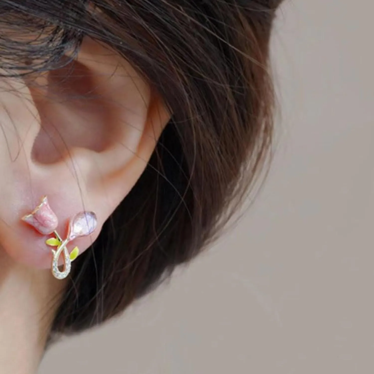 Tulip Pearl Stud Earrings,Pink/Red/Purple Flower Pearl Stud Earrings Lightweight Fashion Sweet Pearl Ear Hook Ear Cuff Front Back Earring for Woman