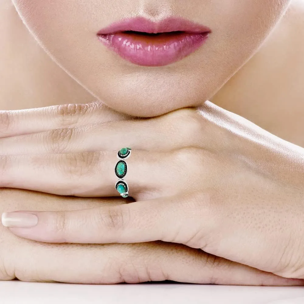Turquoise Eternity Band Ring Sterling Silver 925 Genuine Gemstones Size 6 to 11