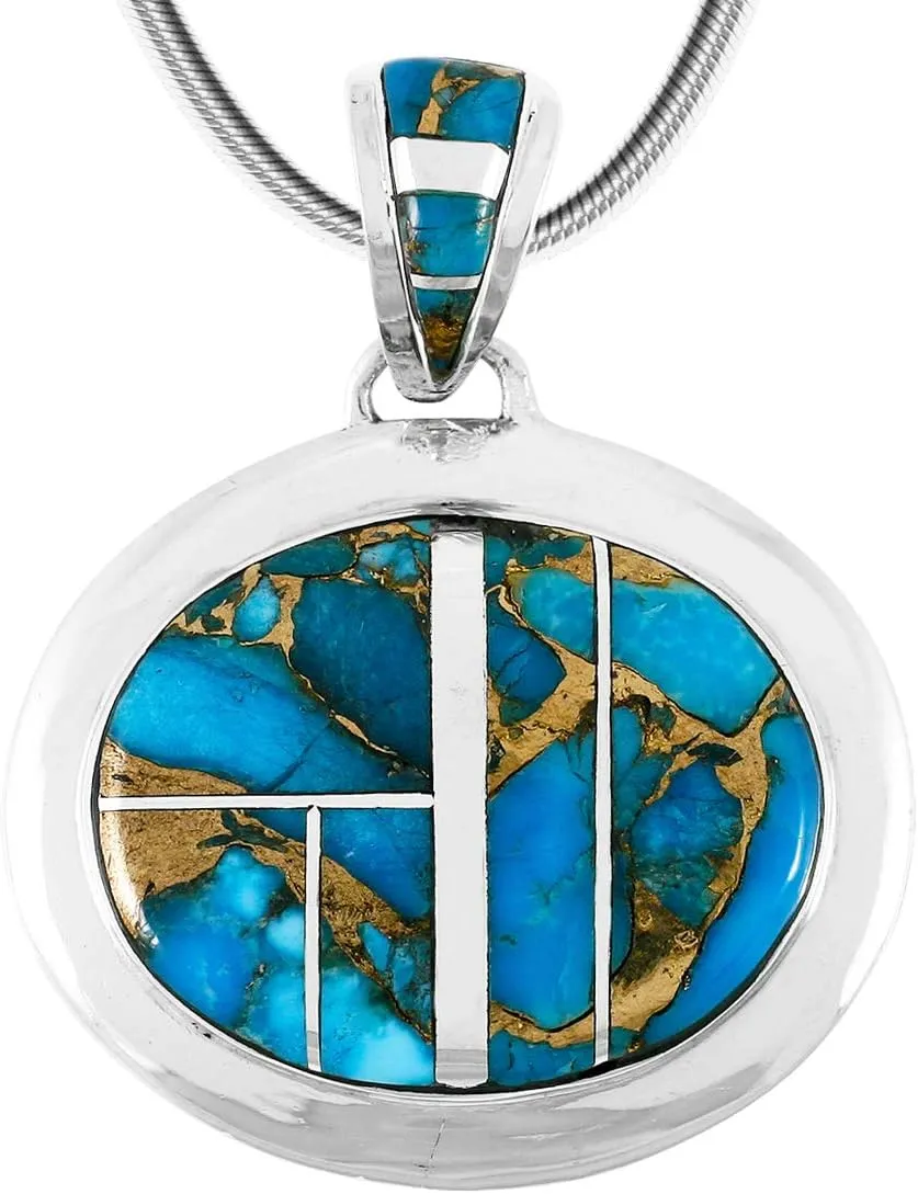 Turquoise Necklace Pendant 925 Sterling Silver Genuine Gemstones (20" Length)