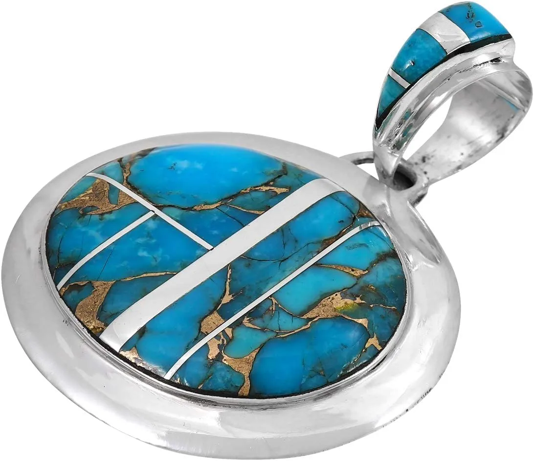Turquoise Necklace Pendant 925 Sterling Silver Genuine Gemstones (20" Length)