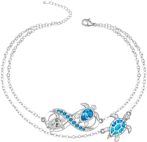 Turtle Anklet Blue Opal Sea Turtle Ankle Bracelets for Women Sterling Silver Infinity Wave Ocean Beach Summer Foot Bracelet Jewelry Layered Adjustable