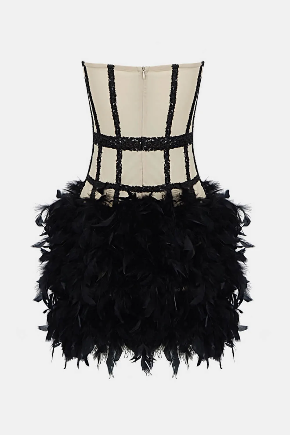 Two-Tone Sequin Feather Hem Strapless Dress