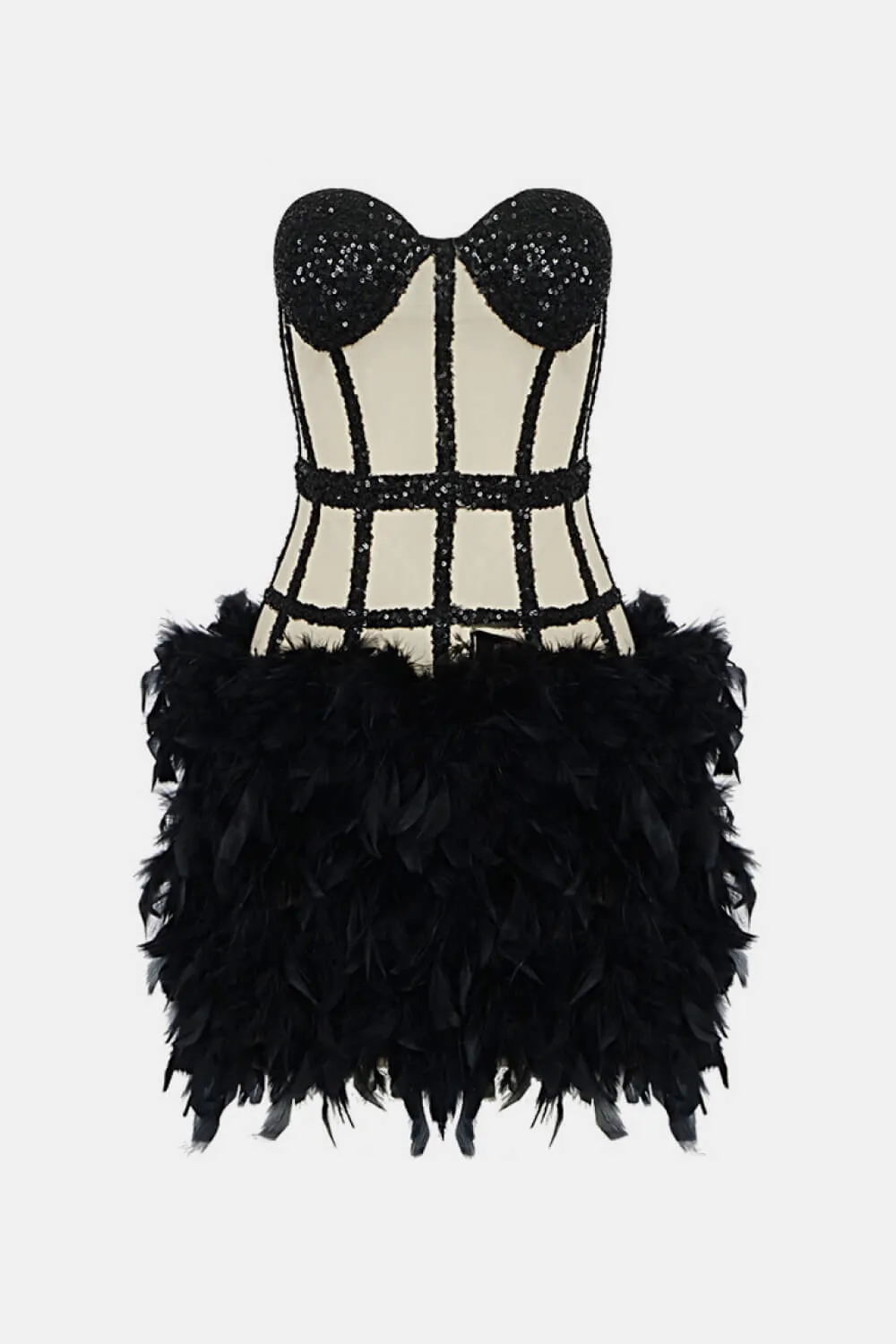 Two-Tone Sequin Feather Hem Strapless Dress