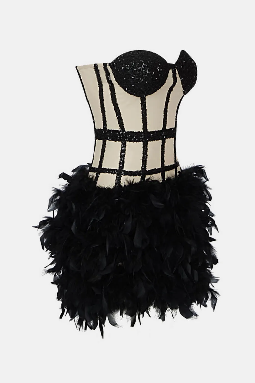 Two-Tone Sequin Feather Hem Strapless Dress
