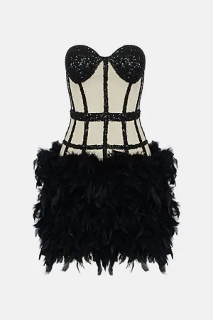 Two-Tone Sequin Feather Hem Strapless Dress
