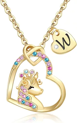 Unicorn Gifts for Girls, 18K Gold Plated CZ Heart Unicorn Necklaces Initial Unicorn Necklace Birthday Gifts for Girls Teens