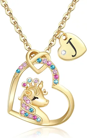 Unicorn Gifts for Girls, CZ Heart Unicorn Necklaces Initial Necklace Easter Gifts Birthday Gifts for Girls Teens