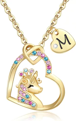 Unicorn Gifts for Girls, CZ Heart Unicorn Necklaces Initial Necklace Easter Gifts Birthday Gifts for Girls Teens