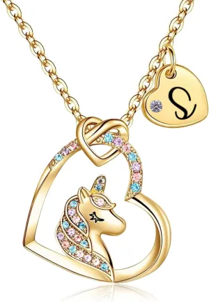 Unicorn Necklace for Girls Kids with Personalized Initial Heart Pendant, 18K Gold Fashion Jewelry for Girls, Colorful Heart Necklace for Birthday Gifts.