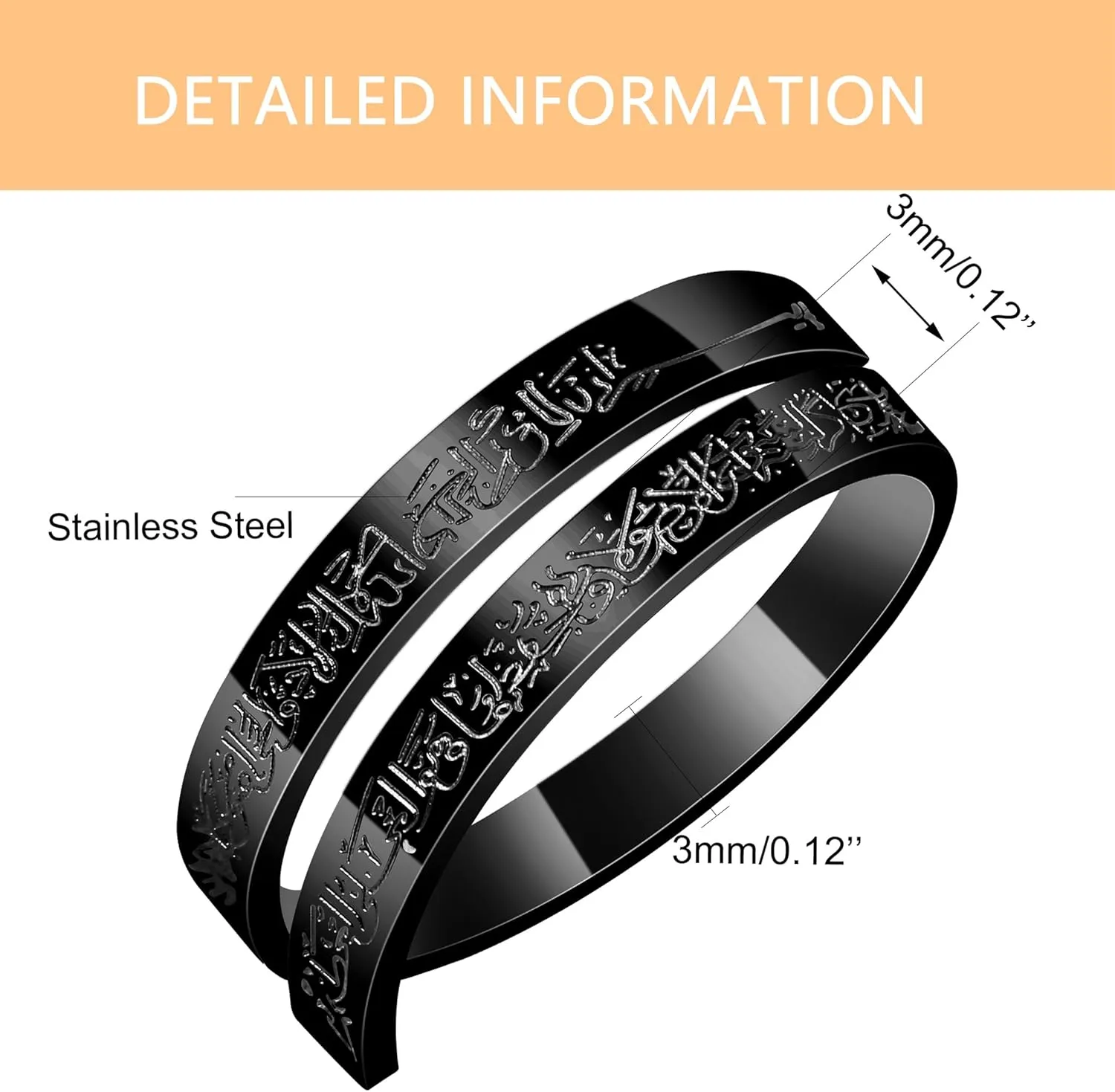 Unique and Meaningful Islamic Faith Ring, Delicate Stainless Steel Carving Arabic Scriptures Adjustable Muslim Religion Jewelry for Men Women YA4978