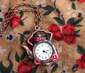Unique Romantic Victorian Vintage Style Copper Tea Pot Watch Face Pendant Necklace with Hand Painted Pink Roses Crystal Rhinestones Whimsical Jewelry for Women Teen Girls