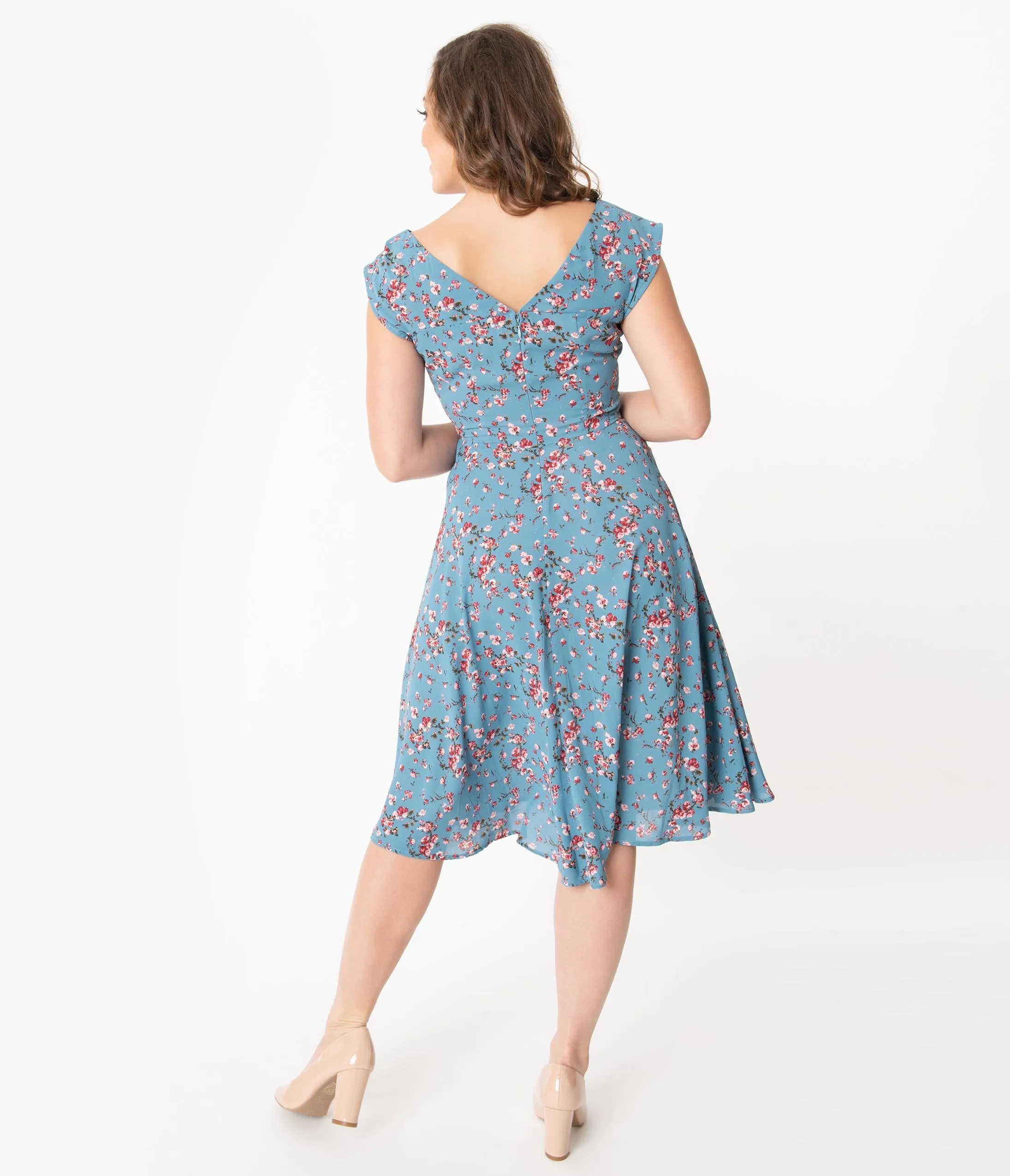 Unique Vintage 1940s Chambray Blue & Pink Floral Print Havilland Dress