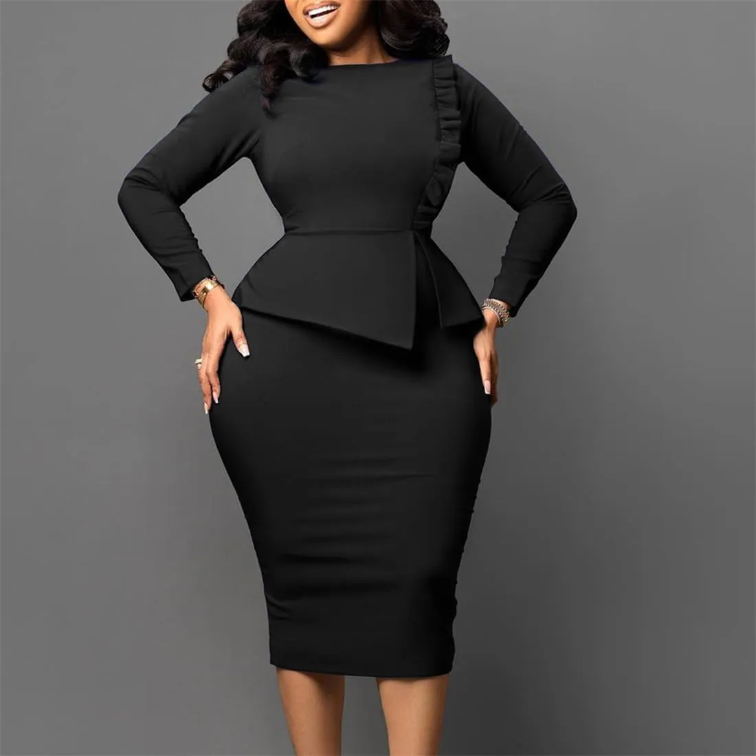 Useagrey Women Crew-Neck Plus Size Peplum Dress Church Wear to Work Bodycon Long Sleeve Midi Dresses