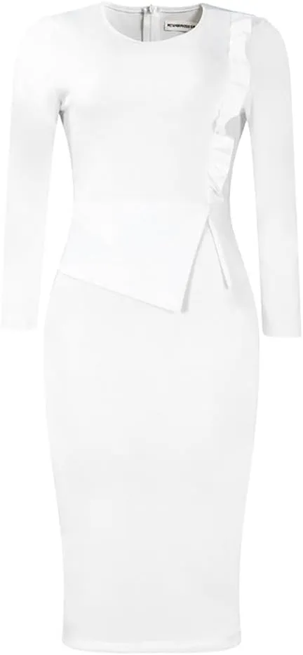 Useagrey Women Crew-Neck Plus Size Peplum Dress Church Wear to Work Bodycon Long Sleeve Midi Dresses