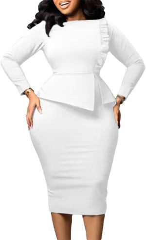 Useagrey Women Crew-Neck Plus Size Peplum Dress Church Wear to Work Bodycon Long Sleeve Midi Dresses